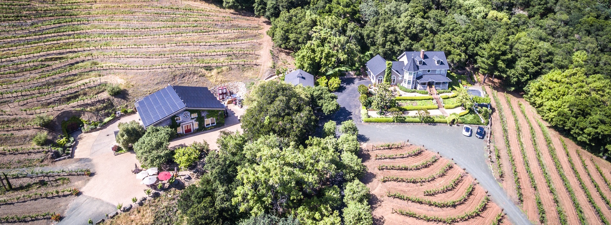 Amizetta Estate aerial view of house and tasting room 